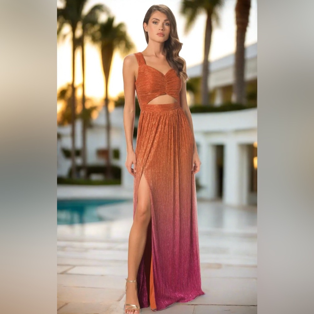 Dress the Population Meredith Metallic Ombré Cutout Plissé Gown